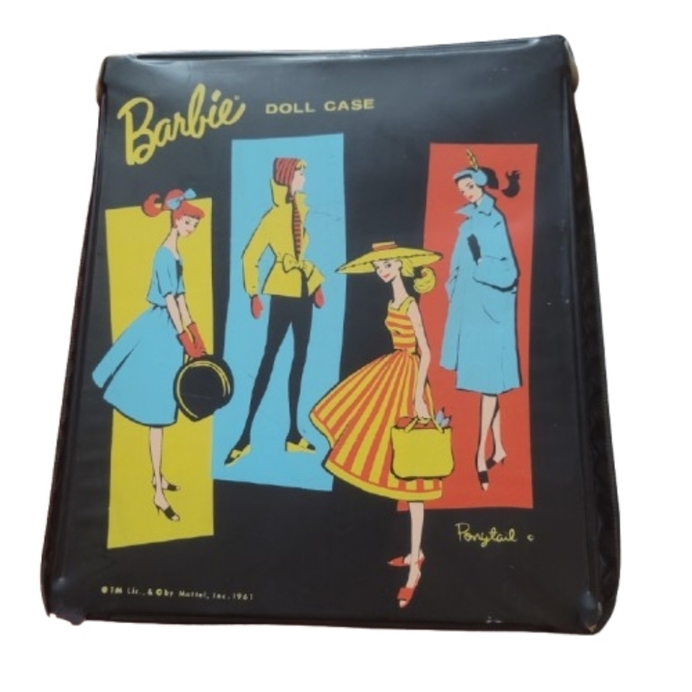 1961 Mattel Barbie “Ponytail” Black Vinyl Doll Case w/ Bubblecut Barbie